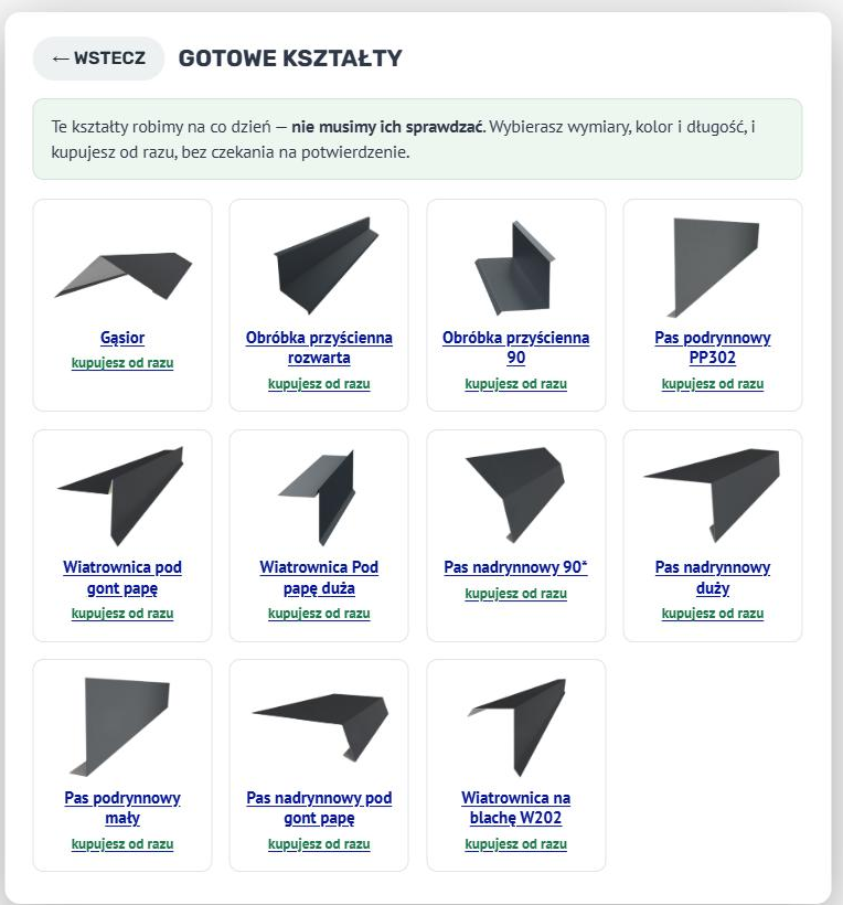 Galeria gotowych kształtów w konfiguratorze — jedenaście profili, każdy z dopiskiem kupujesz od razu