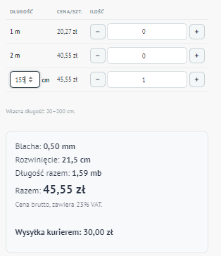 Wybór długości i podsumowanie — rozwinięcie 21,5 cm, długość razem 1,59 mb, razem 45,55 zł