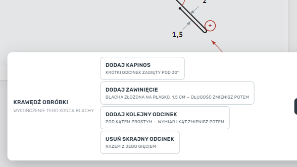 Menu Krawędź obróbki — dodaj kapinos, dodaj zawinięcie, dodaj kolejny odcinek, usuń skrajny odcinek